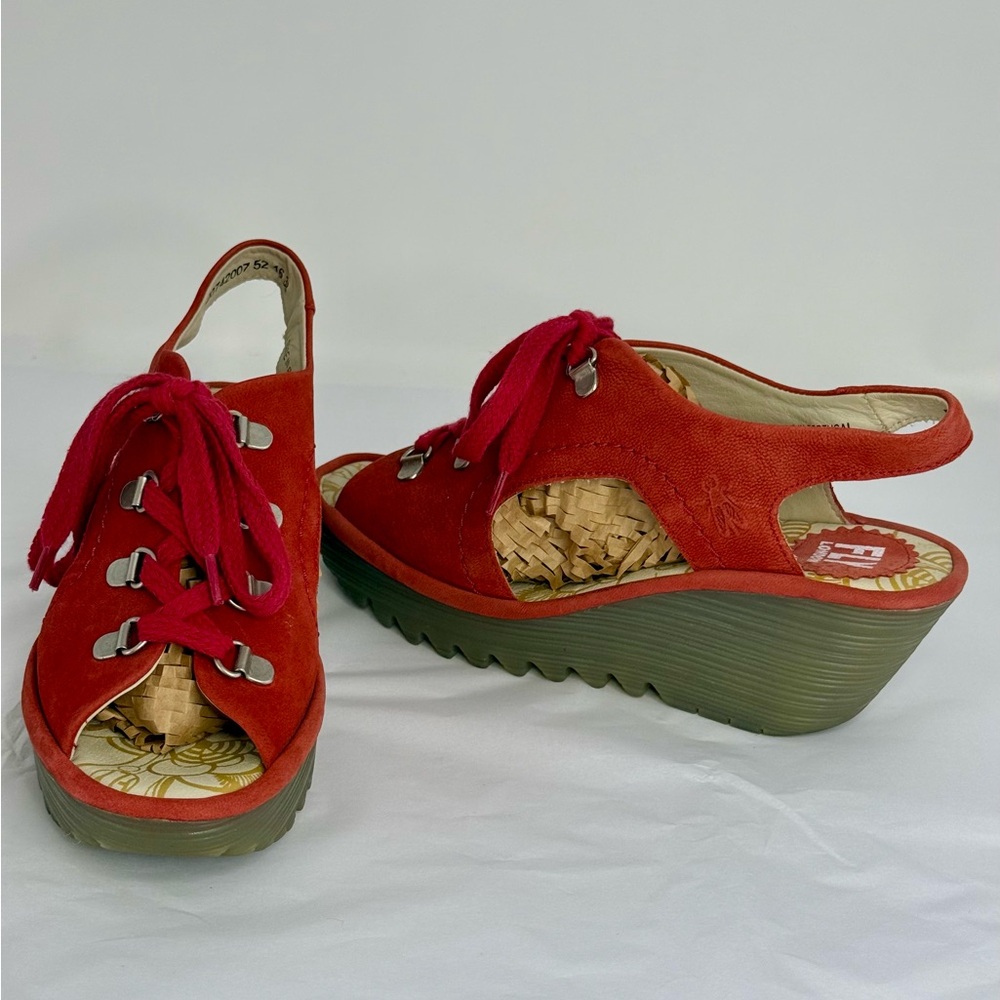 Fly London Red Suede Wedge Sandals with Olive Green Platform